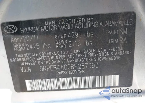 2011 Hyundai Sonata Gls z USA, uszkodzony, nr VIN 5NPEB4AC0BH287393